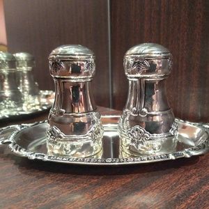 Salt and Pepper Set with Oval Dish Silverplated